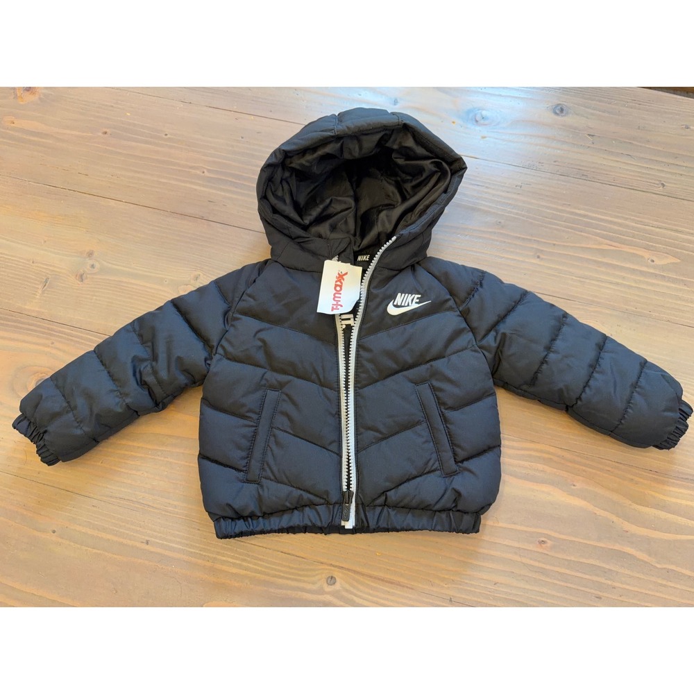 K20 Nike Infant Black Puffer Jacket Hooded Chevron Quilted Full Zip Coat 12M NEW